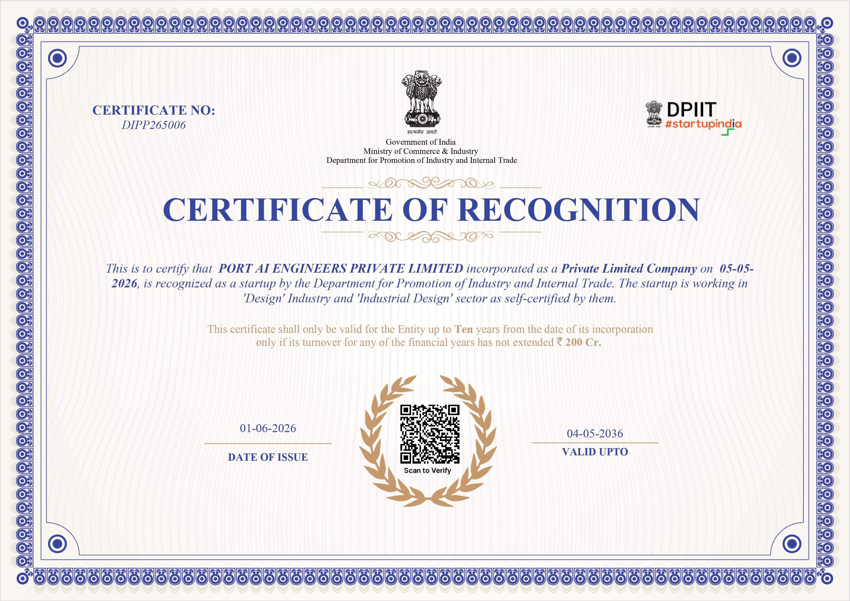 DIPP Certificate of Recognition - DIPP265006