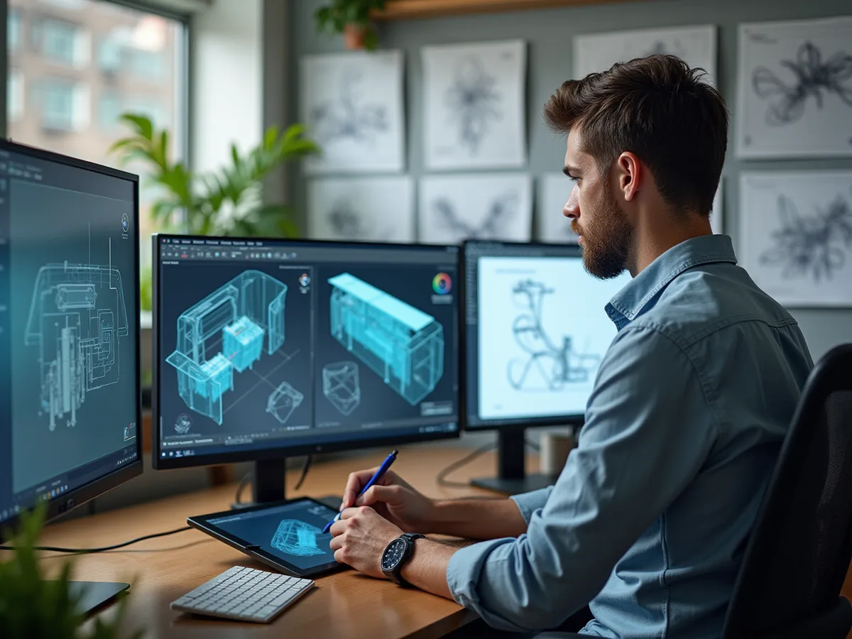 CAD designer working on 3D models across multiple screens