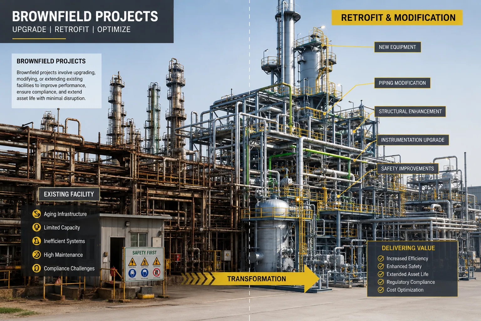 Brownfield industrial facility retrofit engineering